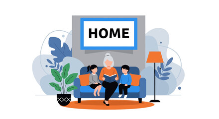 Adobe illustrator artwork vector illustration of a mom reading a book to her two children on a sofa, emphasizing family bonding and cozy home moments. Perfect for educational, parenting, or lifestye