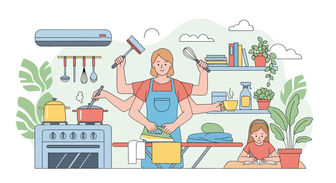 Adobe illustrator artwork vector illustration of a multitasking mother with kids. A supermom with many arms does housework, cooking, and ironing while her daughters study. Domestic life concept.