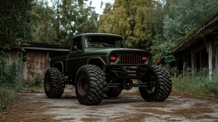 An iconic green vintage pickup truck with rugged wheels is parked amidst an overgrown area, evoking feelings of nostalgia and adventure in a forgotten landscape.