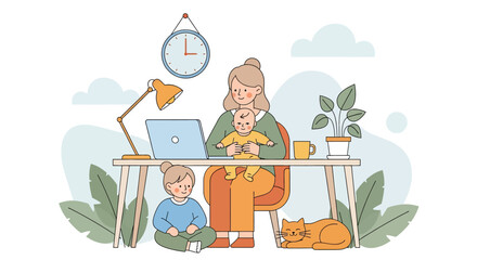Adobe illustrator artwork vector illustration of a woman working from home on her laptop while holding her baby, with another child nearby. Emphasizes modern challenges of remote work and childcare.