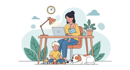 Adobe illustrator artwork vector illustration of a woman working from home on her laptop while holding her baby, with another child nearby. Emphasizes modern challenges of remote work and childcare.