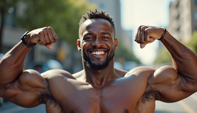 African bodybuilder stretching arms after workout on urban street

