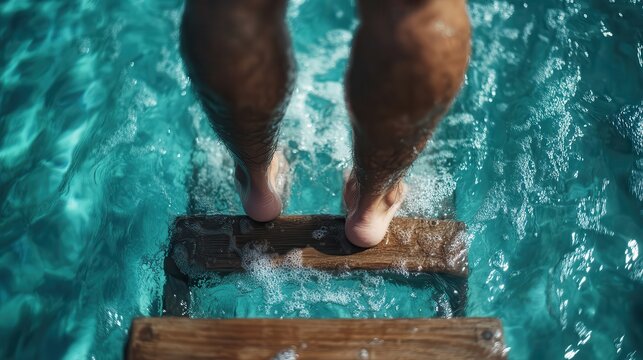 A man poised on wooden steps leading into a crystal clear swimming pool, emphasizing relaxation, summer vibes, and the joy of being in the water.