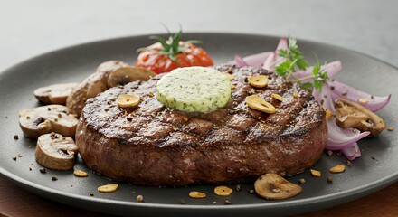 Savor the Exquisite: Pan-Seared Steak with Herb Butter, Mushrooms, and Red Onions