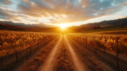 A breathtaking sunset view over sprawling vineyards, with sunrays streaming through clouds illuminating the dirt path, showcasing nature&rsquo;s beauty and the beauty of wine country.