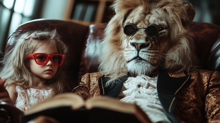 Obraz premium A whimsical scene presents a lion wearing sunglasses and a tuxedo reading to a girl, merging fantasy and reality in an imaginative portrayal of storytelling and companionship.