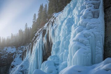 Majestic frozen waterfall cascading down rocky cliff face in winter sunlight