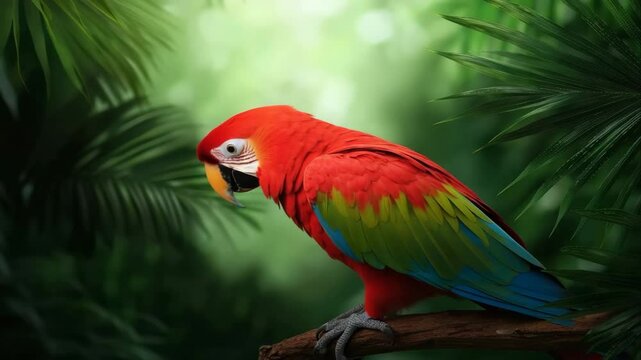 Colorful parrot with vibrant red, yellow, and blue feathers perched branch lush green tropical jungle, showcasing exotic bird wildlife and animal life rainforest, peaceful and lively atmosphere