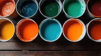A vibrant array of colorful paint cans showcases a creative palette ideal for artists, emphasizing the power of color in bringing imagination to life.