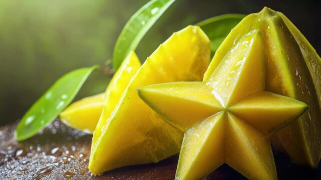 A close-up shot of a star-shaped fruit on a table, highlighting its unique features
