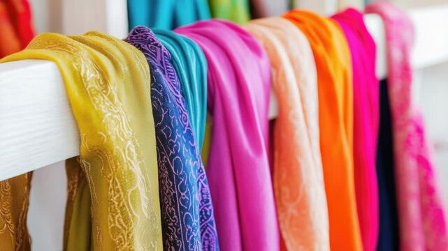 A row of colorful scarves hanging on a rail, perfect for fashion or travel scenes