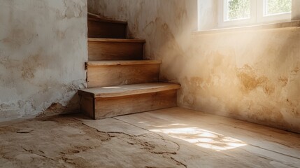 A beautiful sunlit wooden staircase is featured in this rustic interior setting, showcasing warm tones and textures that evoke a sense of comfort and home.