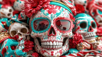 A colorful sugar skull adorned with intricate floral patterns and vibrant colors, symbolizing the Day of the Dead, celebrating life and honoring departed loved ones.