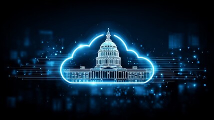 Capitol building inside a cloud outline with horizontal glowing lines on dark backdrop.