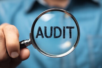 High quality photo of auditor holding a magnifying glass with the word "AUDIT" on it, a close-up of the hand and magnifying glass in the center of the frame. The background is a.