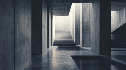 Concrete Architecture: Dramatic Staircase and Reflective Pools in Modern Building