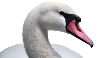 Elegant swan with curved neck, side view, pure white background, soft shadows