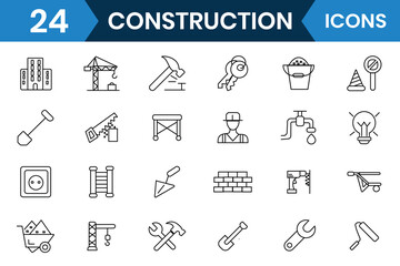 Construction icon vector set collection. Construction editable line icons, vector. Containing design, renovation architecture, engineer, blueprint and home repair tools. Vector illustration.