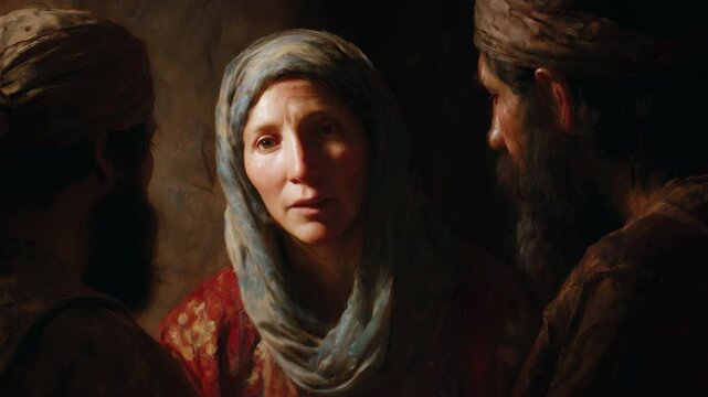 Photorealistic depiction of the mother of James and John, conveying a mood of solemnity and introspection, reflecting themes from the Bible, particularly Matthew 20:20-23