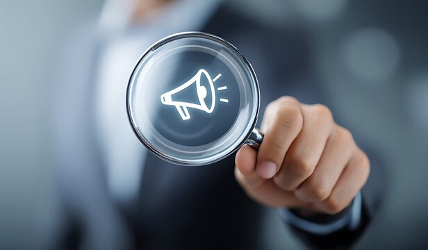 High quality photo of businessman holding a magnifying glass with a megaphone icon floating on a virtual screen, with a focused and blurred background representing the digital.