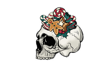 Christmas Skull with Gingerbread and Candy – Funny Holiday Skeleton Head Christmas Sublimation design isolated on transparent background