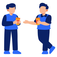 Two Friends Sharing Coffee in Stylish Blue Outfits Enjoying a Casual Moment