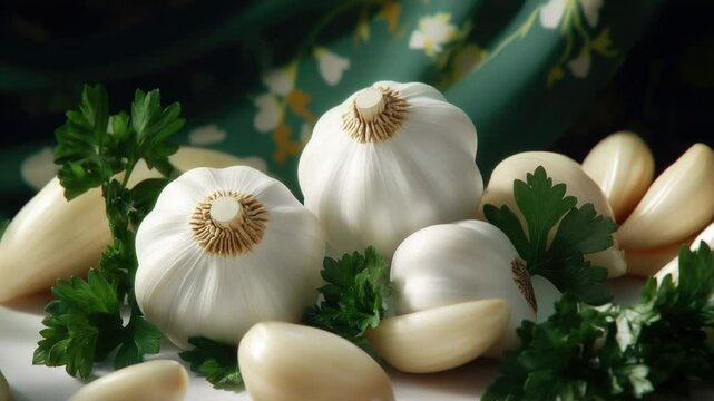 A group of garlic cloves sitting on a flat surface, possibly for storage or display