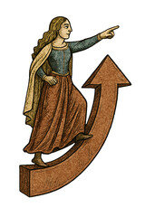 A woman stands on an upward arrow, pointing ahead, symbolizing upward career movement and ambition. Medieval manuscript style, conceptual image. Isolated on transparent background.