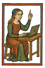 A woman at a desk with a laptop, pointing upwards, symbolizing an idea or solution. Medieval manuscript style, conceptual image. Isolated on transparent background.
