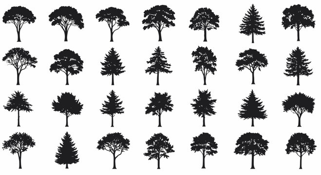 Collection of 30 Diverse Tree Silhouettes  Perfect for Design Projects, Illustrations, and Nature-Themed Artwork.  Download High-Resolution Vector Graphics for Free.