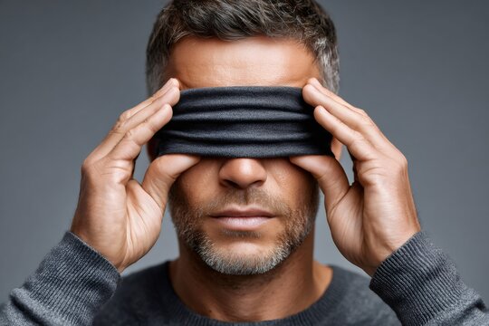 Blindfolded businessman covering his eyes with a black cloth