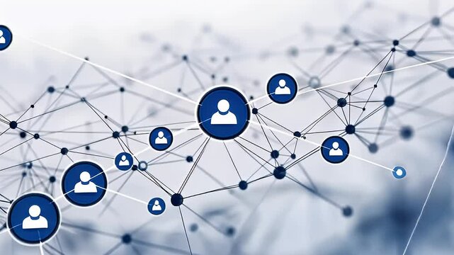 Abstract Networked Illustration Featuring Interconnected Circular Nodes In Shades Of Blue Against A White Background