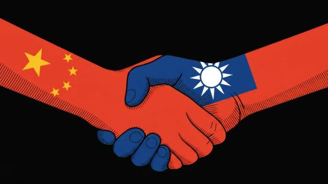 A handshake between hands painted with the flags of china and taiwan on black