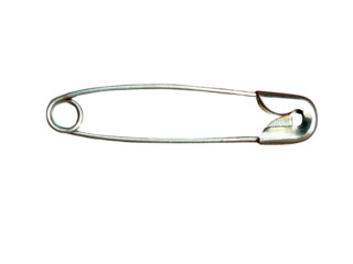 A silver safety pin with a closed clasp and a sharp pointed end.