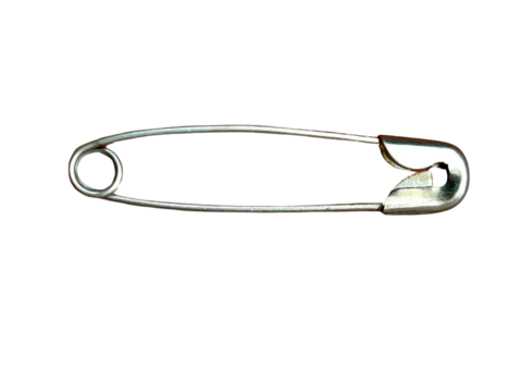 A silver safety pin with a closed clasp and a sharp pointed end. - Powered by Adobe