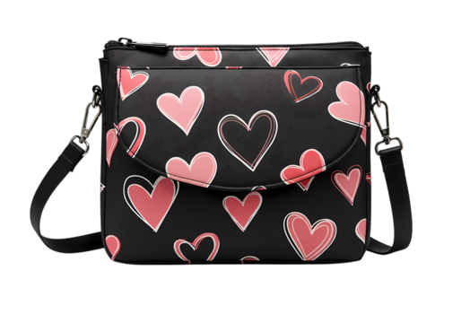 Black Crossbody Bag with Pink Heart Pattern isolated on transparent background