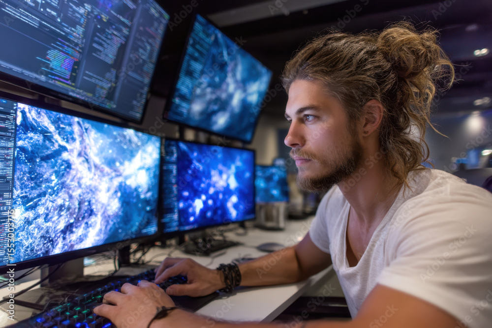 Poster young man focused on coding while working at multiple computer screens in a modern office space