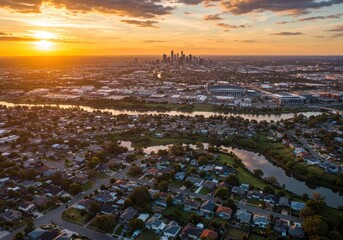 Aerial view of nashville cityscape, river, and suburban neighborhood at sunset ai generated