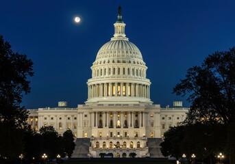United states capitol building illuminated at night with a full moon above it ai generated