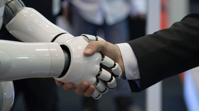 Business handshake between human and robot representing artificial intelligence cooperation and partnership