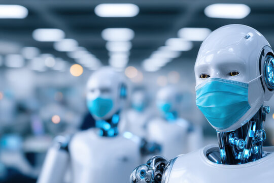 Robots wearing blue surgical masks are lined up in a futuristic, sterile environment with blurred lighting in the background.