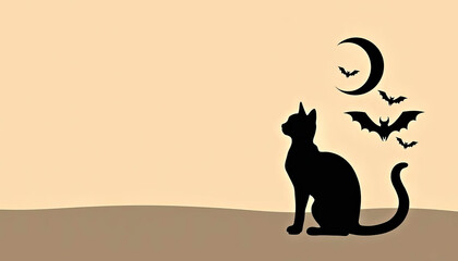 Silhouette of black cat and flying bats under crescent moon on beige background. Halloween illustration.