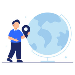 A curious young explorer holds a location pin beside a globe, representing global travel, discovery, and cross-cultural learning
