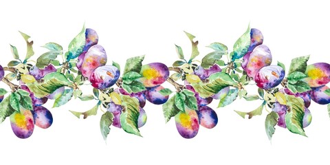 Watercolor border with a plum branch with leaves, watercolor illustration, hand drawing