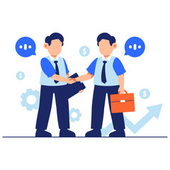 Two business professionals shake hands confidently with various business icons in the background, representing partnership, strategy, and success