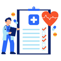 A doctor presenting a health checklist featuring heart and medical symbols, representing care and wellness