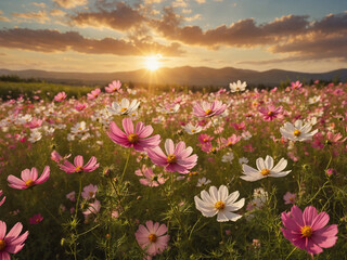 Massive field of pink and white cosmos flowers waving slightly in the wind under a golden-hour sky filled with radiant clouds and warm orange gradients, this HD scene balances sharp