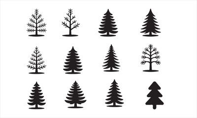 Set of Simple Black Silhouette Tree Icons, a collection of stylized, black silhouette tree icons, perfect for use in various design projects vector art on white