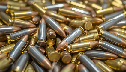 Close up of a large jumbled pile of silver and gold rifle ammunition cartridges