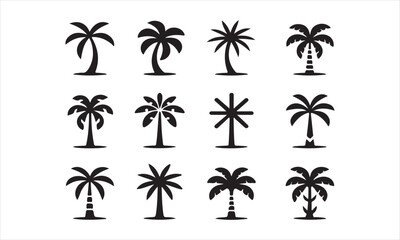 A set of twelve simple, black silhouette palm tree icons on a white background vector art on white